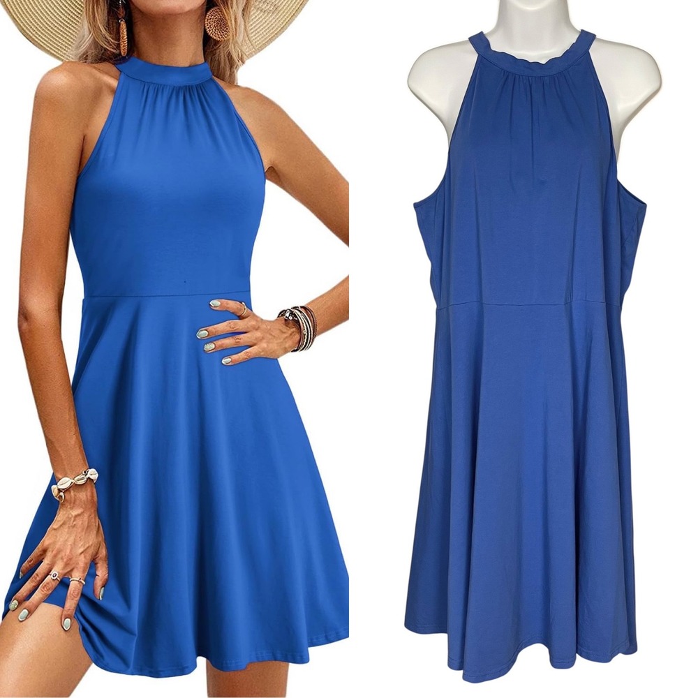 Halter Tank Sundress Blue Women Plus Size‎ XXL Stretch Cotton Sleeveless OUGES